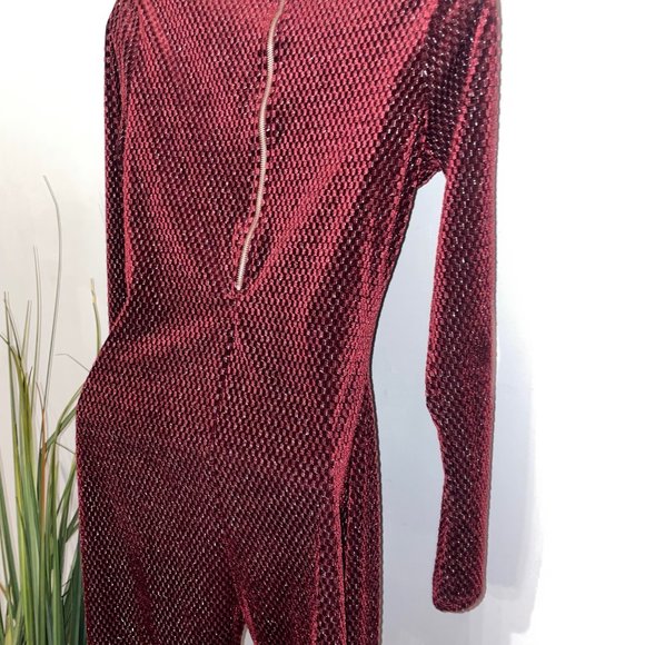 Burgundy Long Sleeve Velvet Jumpsuit - Picture 7 of 7